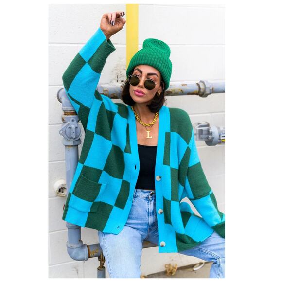 Dressed in Lala Love You Oversize Checkerboard Cardigan Size S/M - Picture 4 of 14